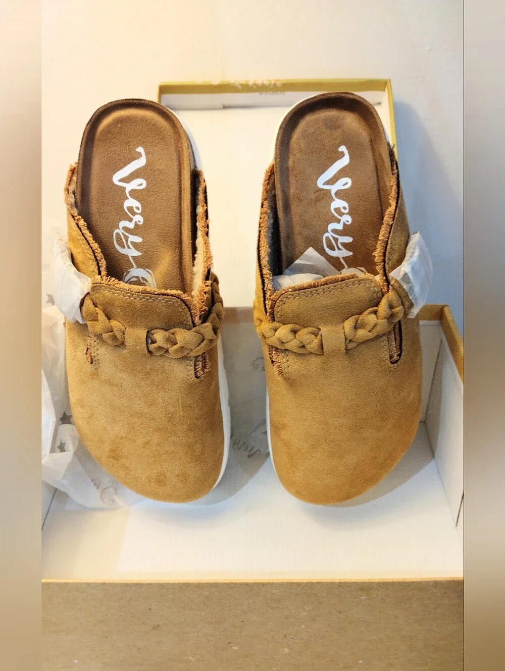 Women's Braided Suede Slip-On Clogs in Tan